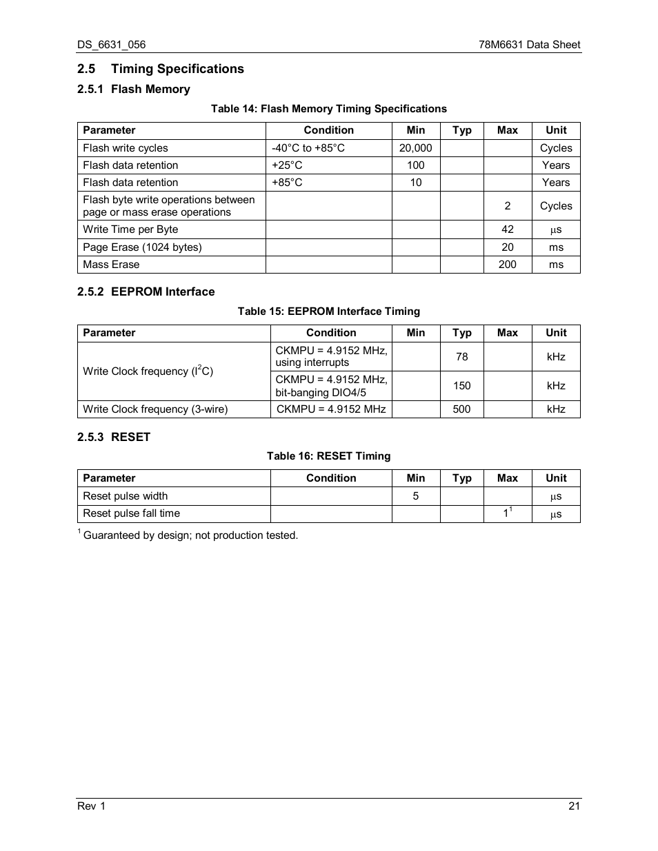 5 timing specifications, 1 flash memory, 2 eeprom interface | 3 reset, Timing specifications, Flash memory, Eeprom interface, Reset, Table 14: flash memory timing specifications, Table 15: eeprom interface timing | Rainbow Electronics 78M6631 User Manual | Page 21 / 30