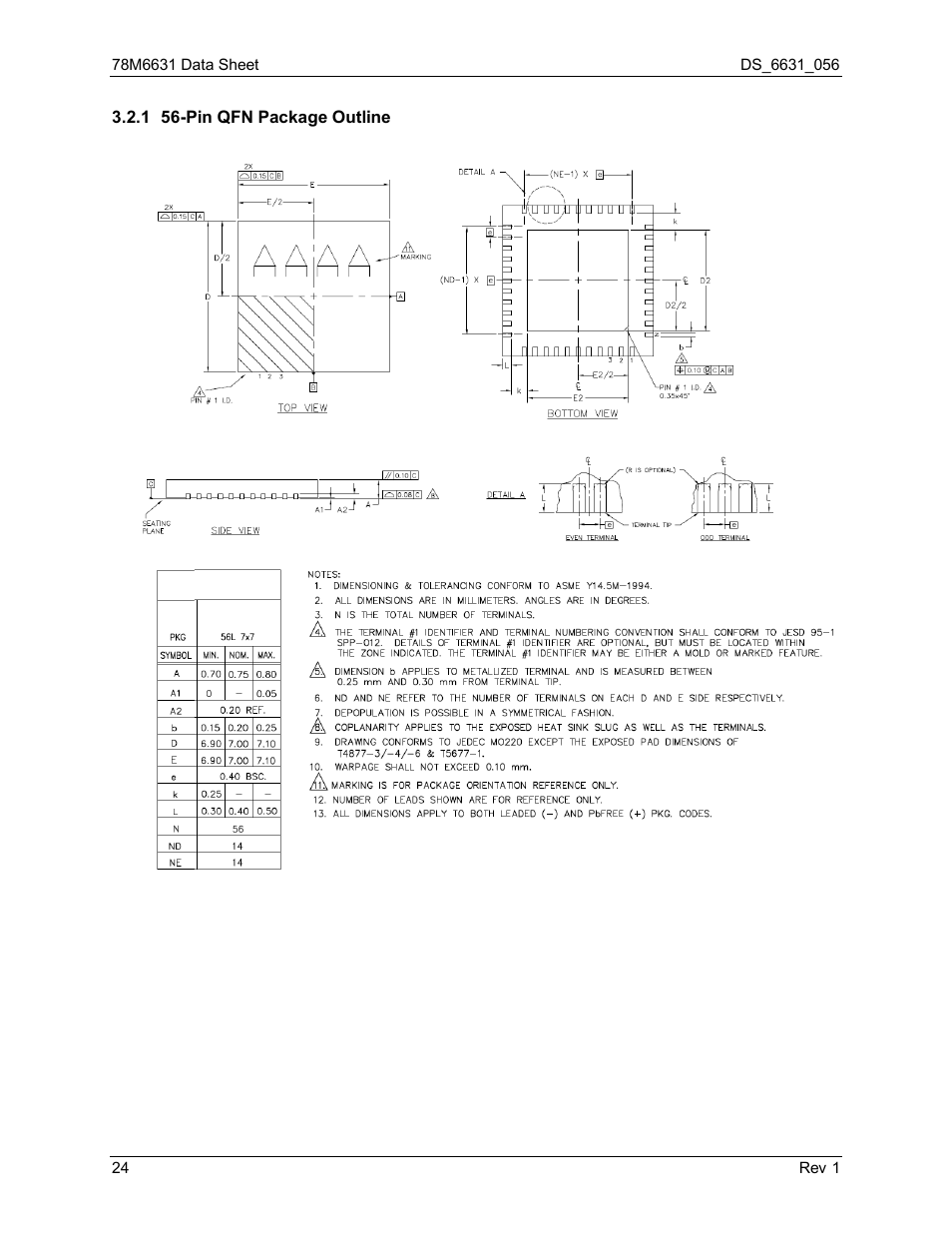 1 56-pin qfn package outline, Pin qfn package outline | Rainbow Electronics 78M6631 User Manual | Page 24 / 30