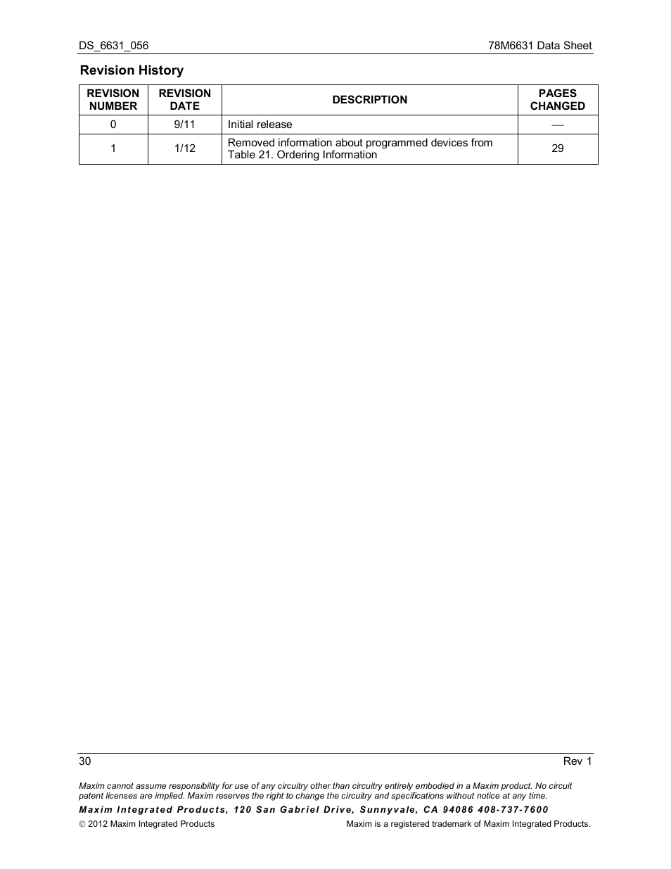 Revision history | Rainbow Electronics 78M6631 User Manual | Page 30 / 30