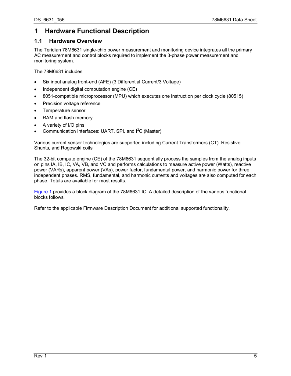 1 hardware functional description, 1 hardware overview, Hardware functional description | Hardware overview | Rainbow Electronics 78M6631 User Manual | Page 5 / 30