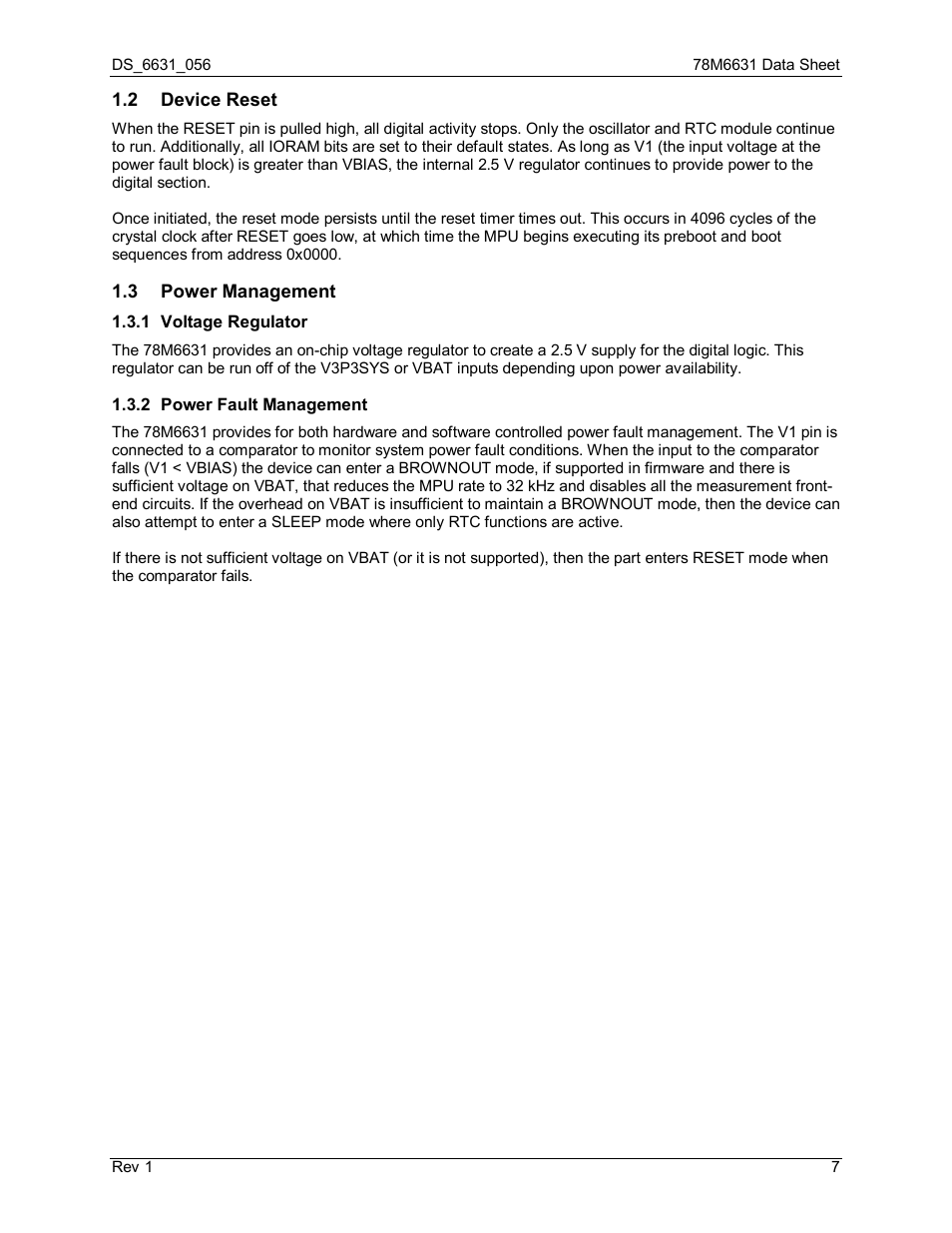 2 device reset, 3 power management, 1 voltage regulator | 2 power fault management, Device reset, Power management, Voltage regulator, Power fault management | Rainbow Electronics 78M6631 User Manual | Page 7 / 30