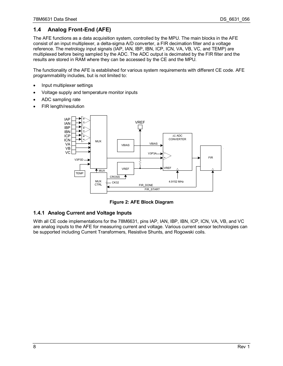 4 analog front-end (afe), 1 analog current and voltage inputs, Analog front-end (afe) | Analog current and voltage inputs, Figure 2: afe block diagram | Rainbow Electronics 78M6631 User Manual | Page 8 / 30