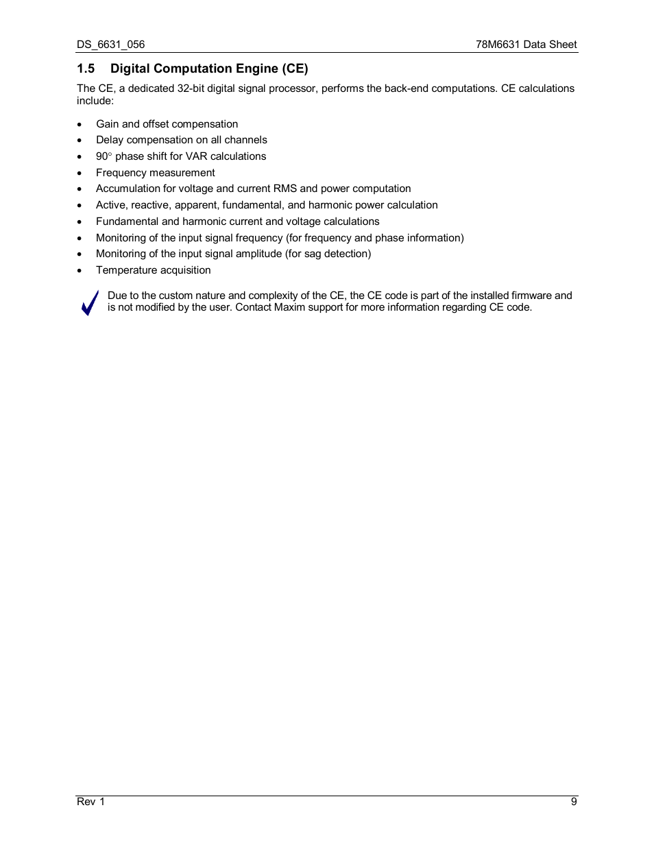 5 digital computation engine (ce), Digital computation engine (ce) | Rainbow Electronics 78M6631 User Manual | Page 9 / 30