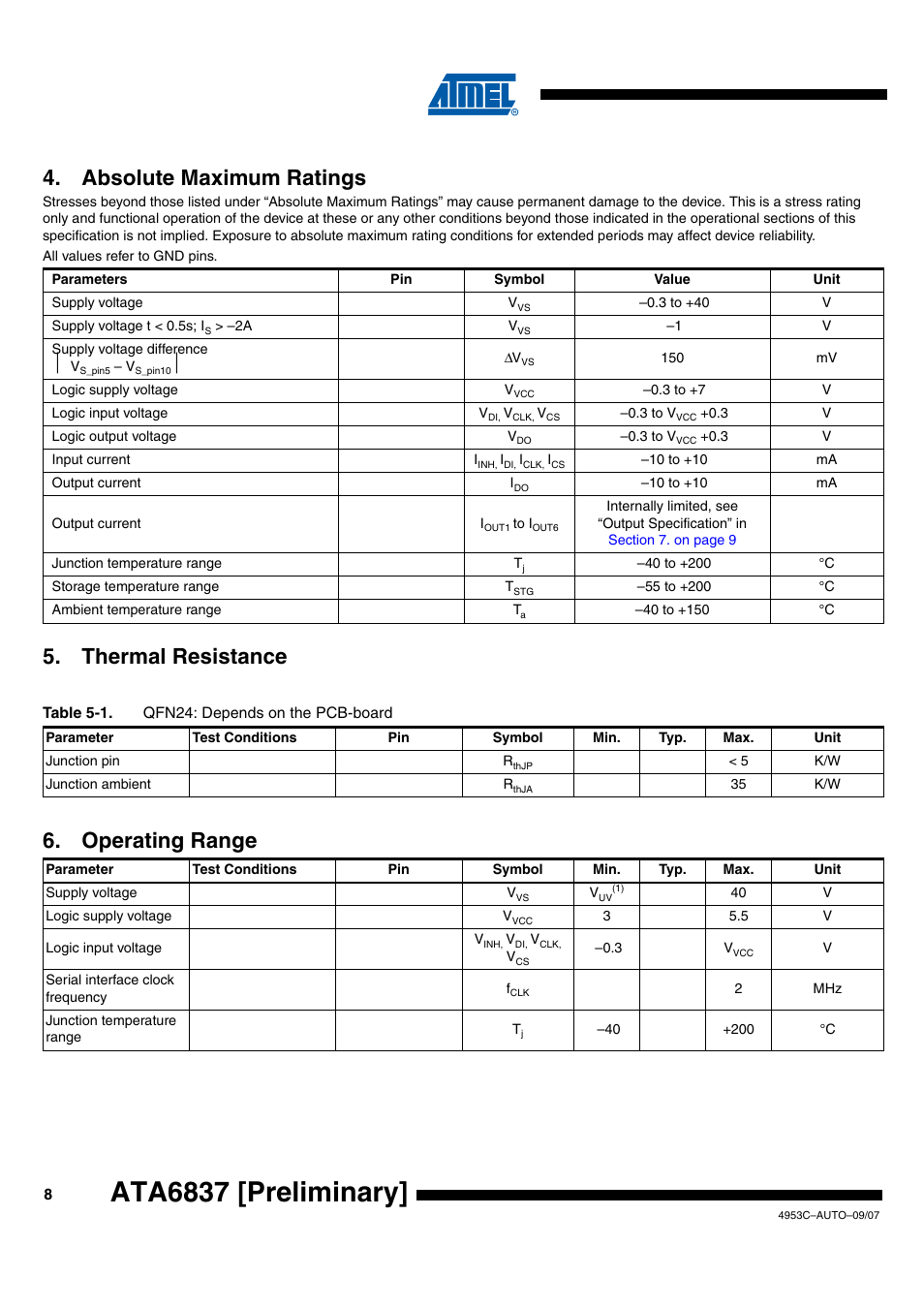 Ata6837 [preliminary, Thermal resistance 4. absolute maximum ratings, Operating range | Rainbow Electronics ATA6837 User Manual | Page 8 / 17