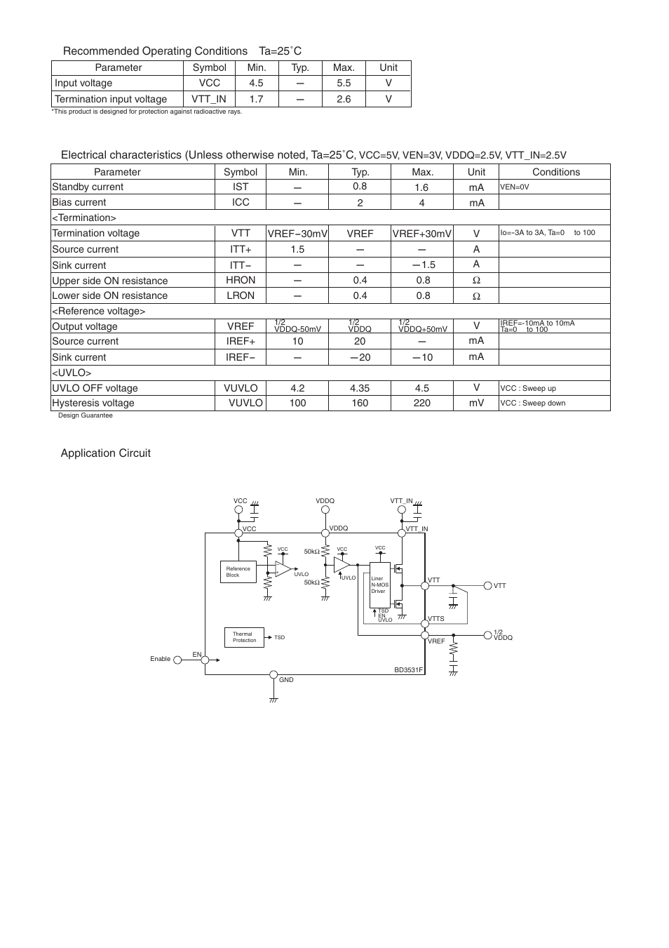 Application circuit, Recommended operating conditions ta=25˚c | Rainbow Electronics BD3531F User Manual | Page 2 / 2