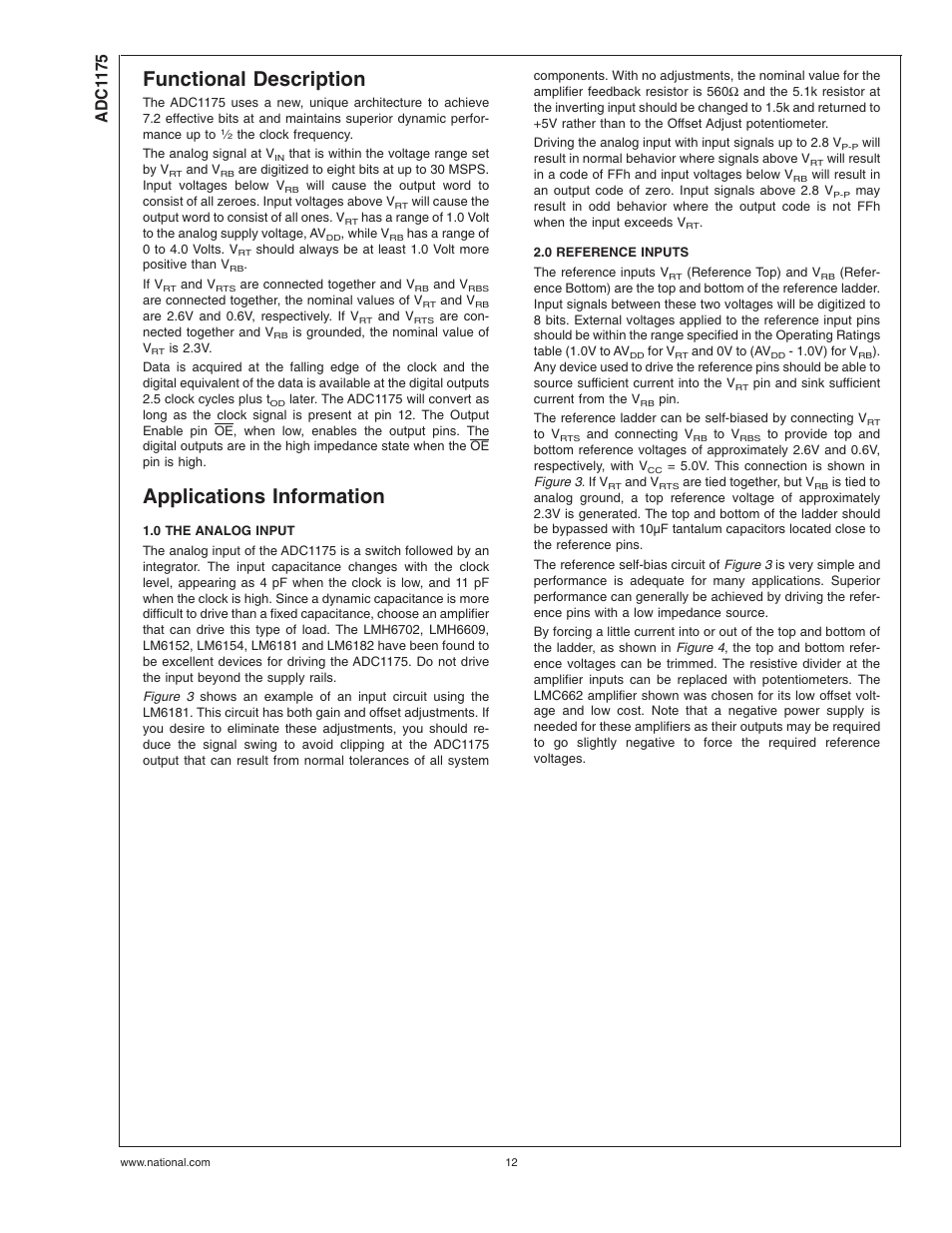 Functional description, Applications information, 0 the analog input | 0 reference inputs, Adc1 175 | Rainbow Electronics ADC1175 User Manual | Page 12 / 19