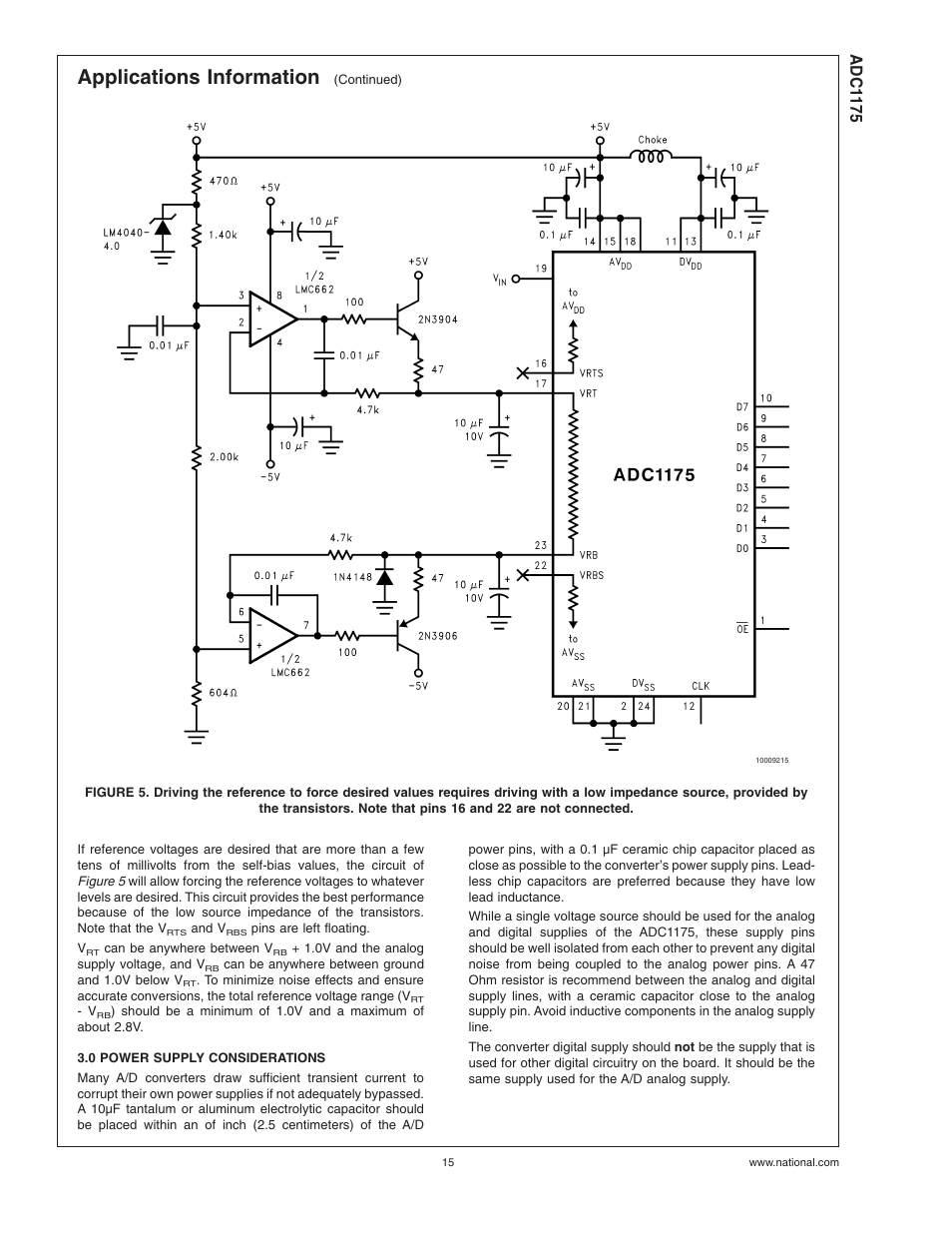 0 power supply considerations, Applications information, Adc1 175 | Rainbow Electronics ADC1175 User Manual | Page 15 / 19