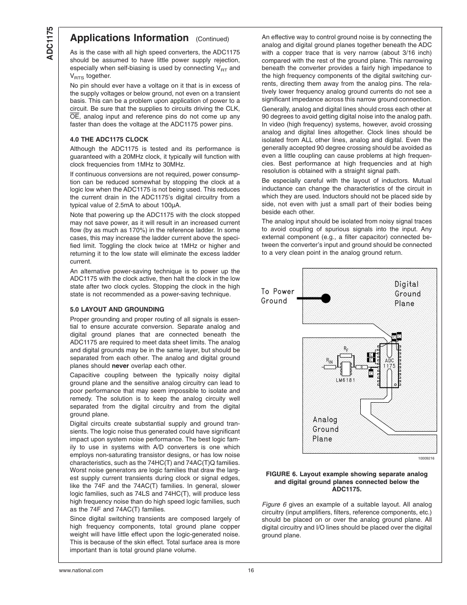 0 the adc1175 clock, 0 layout and grounding, Applications information | Rainbow Electronics ADC1175 User Manual | Page 16 / 19