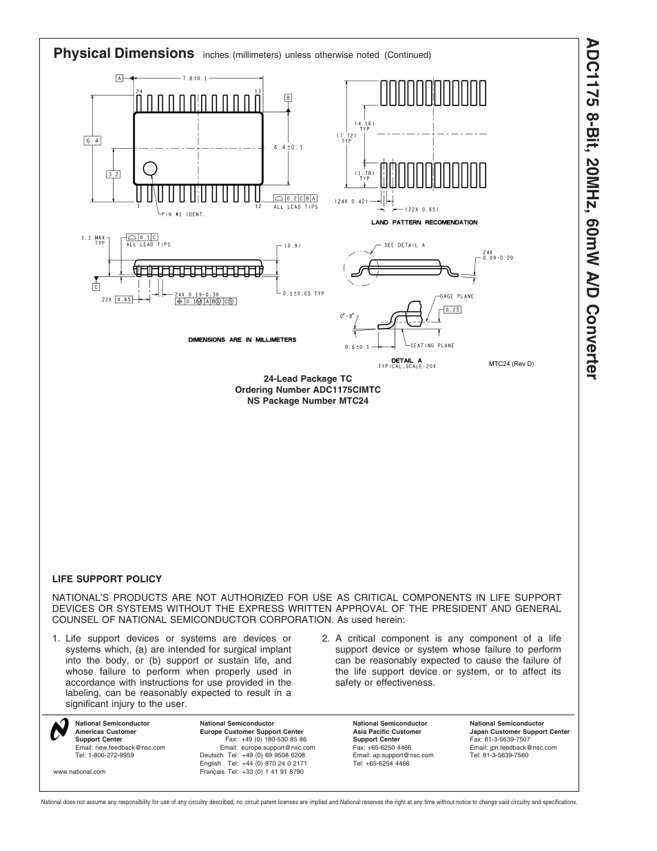 Physical dimensions | Rainbow Electronics ADC1175 User Manual | Page 19 / 19