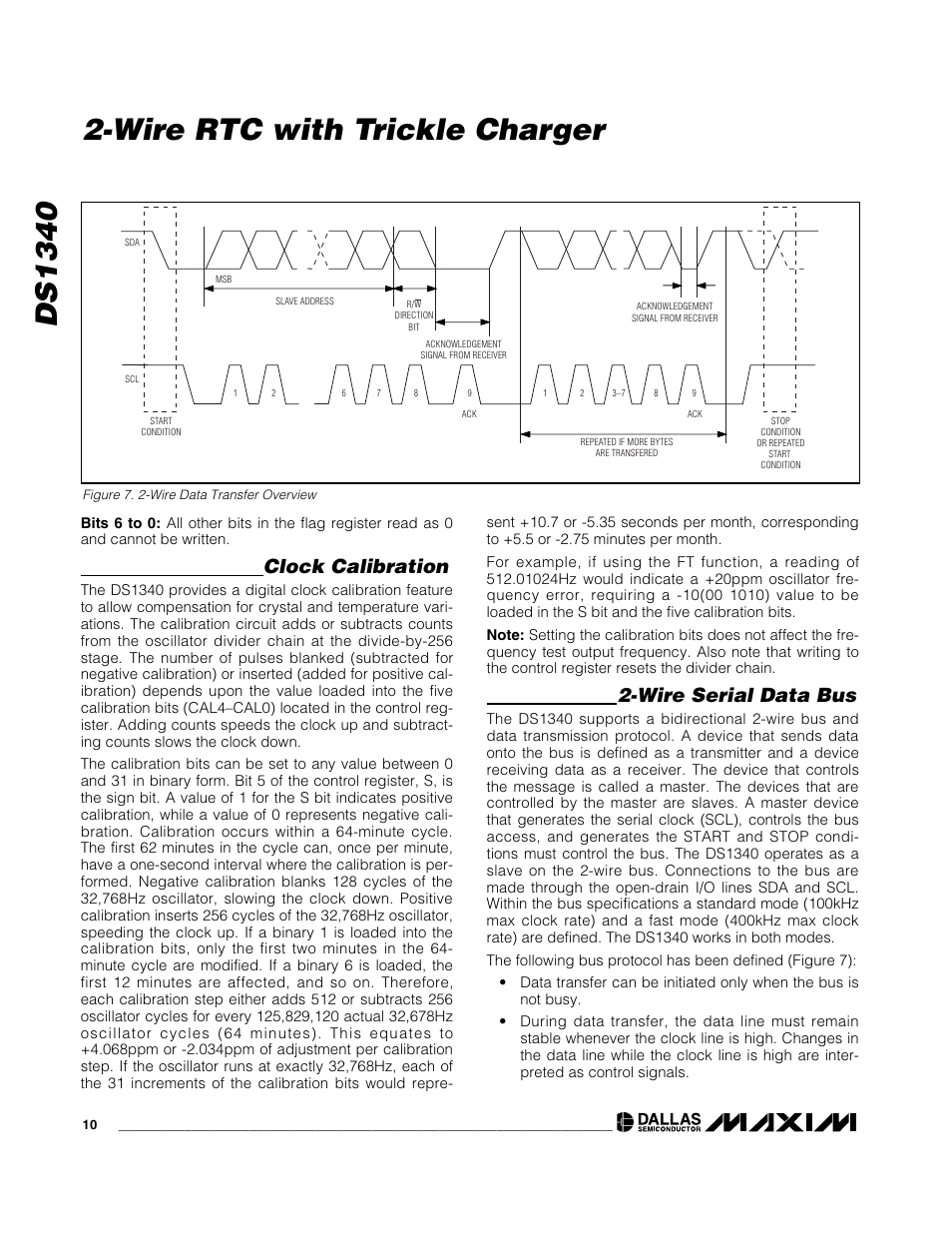 Ds1340, Wire rtc with trickle charger, Clock calibration | Wire serial data bus | Rainbow Electronics DS1340 User Manual | Page 10 / 12