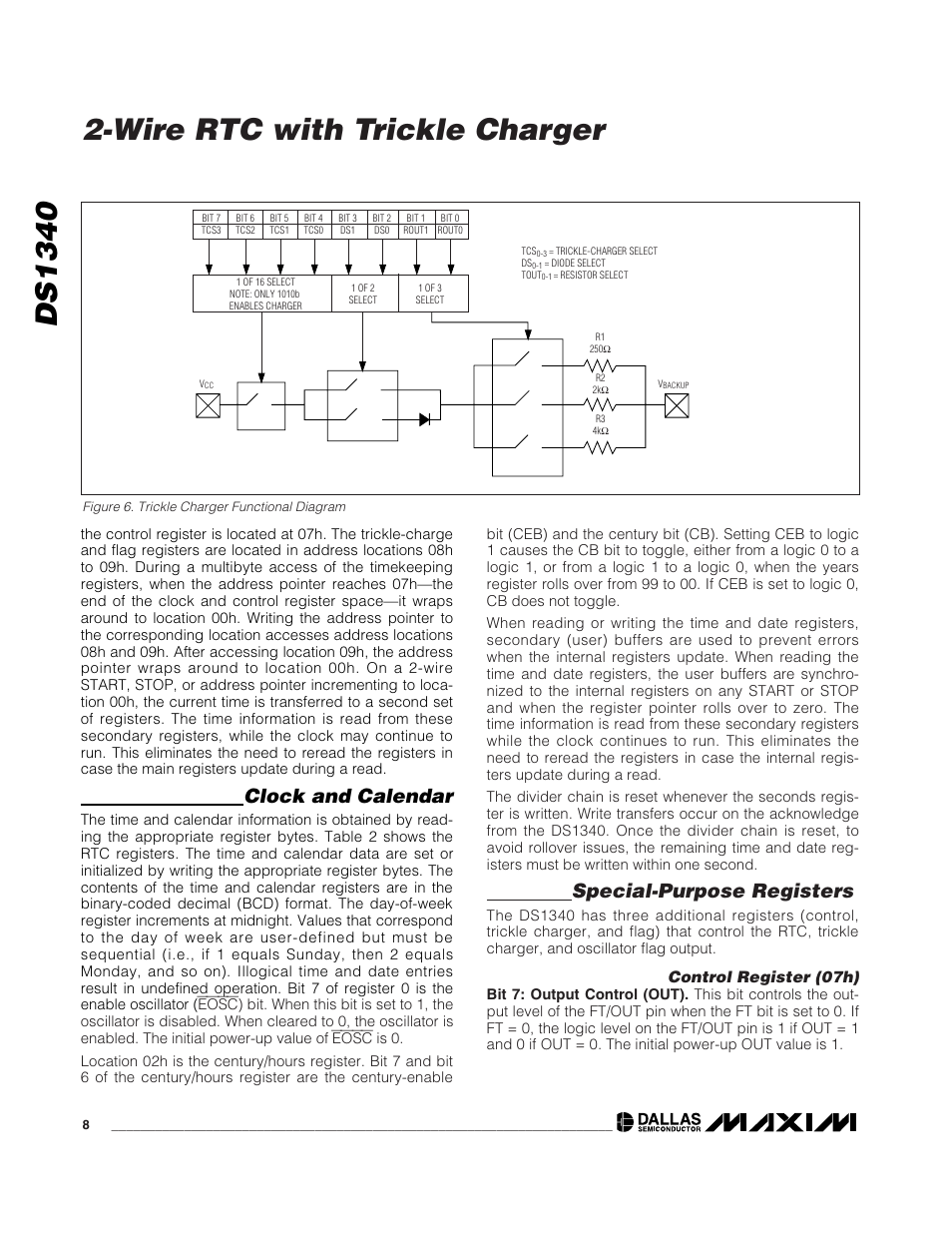 Ds1340, Wire rtc with trickle charger, Clock and calendar | Special-purpose registers | Rainbow Electronics DS1340 User Manual | Page 8 / 12