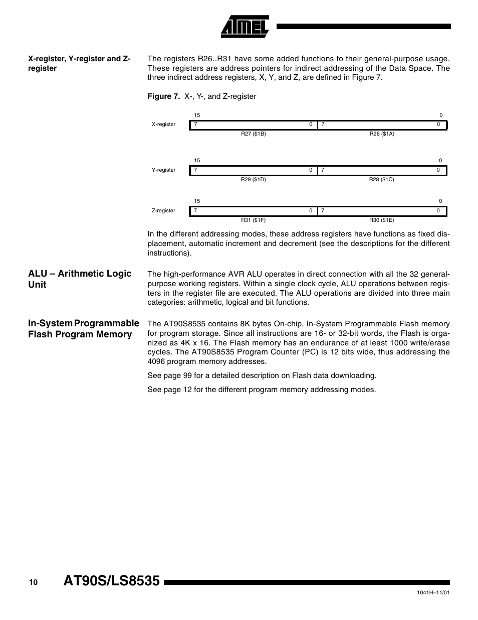 X-register, y-register and z- register, Alu – arithmetic logic unit, In-system programmable flash program memory | Rainbow Electronics AT90LS8535 User Manual | Page 10 / 127