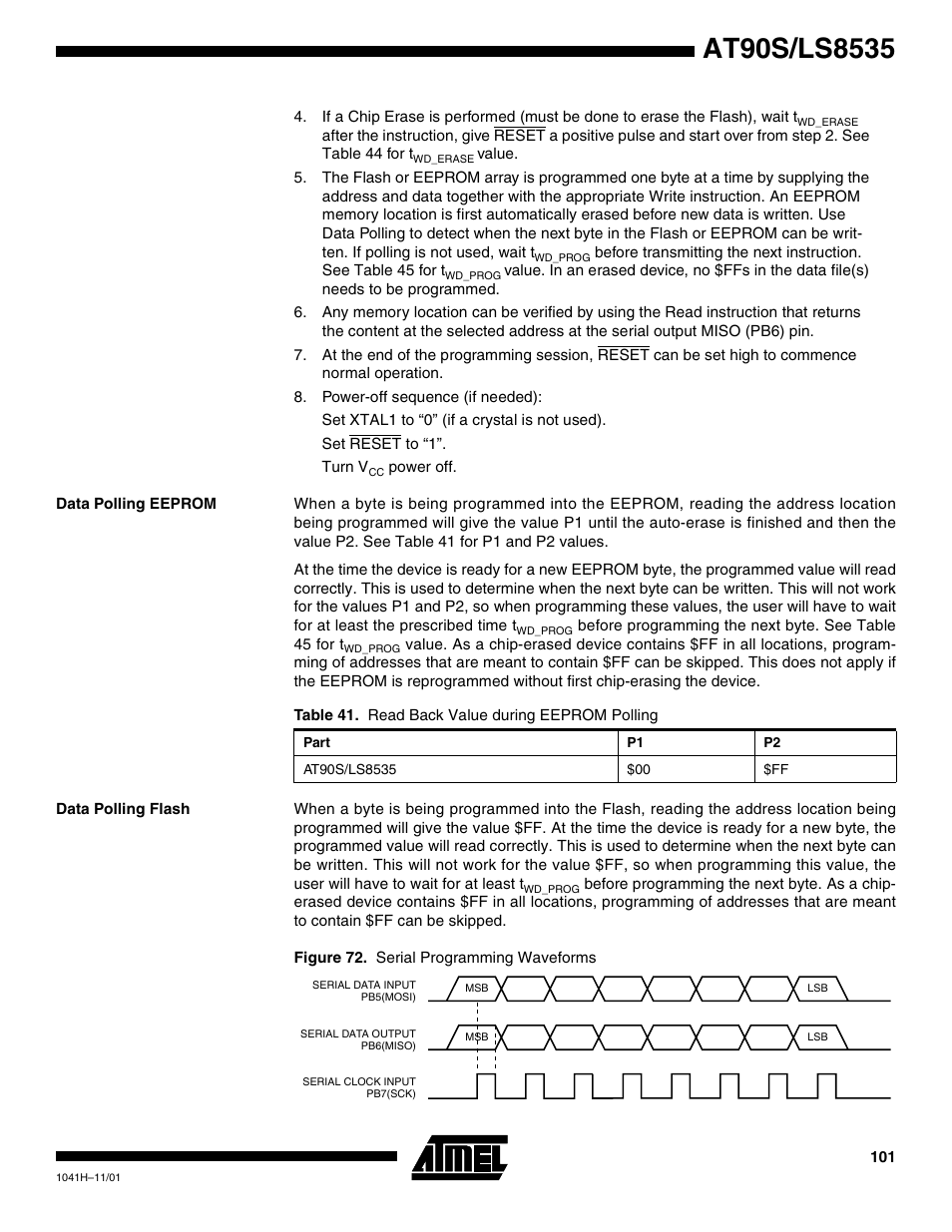 Data polling eeprom, Data polling flash, E figure 72, f | Rainbow Electronics AT90LS8535 User Manual | Page 101 / 127