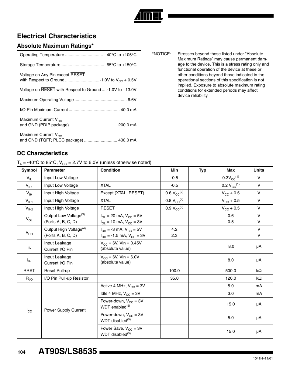 Electrical characteristics, Absolute maximum ratings, Dc characteristics | Rainbow Electronics AT90LS8535 User Manual | Page 104 / 127