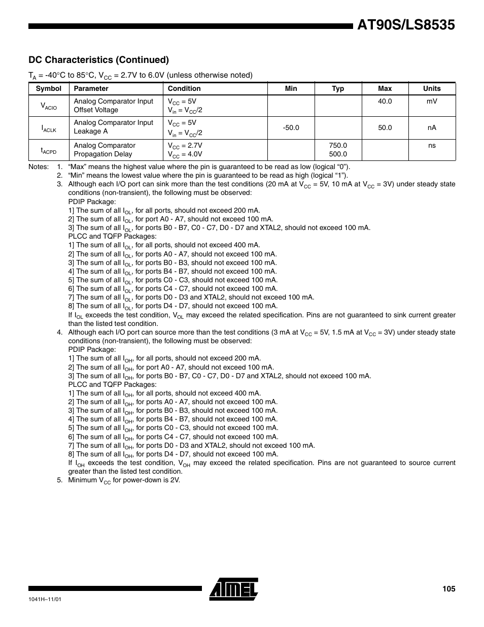 Dc characteristics (continued) | Rainbow Electronics AT90LS8535 User Manual | Page 105 / 127