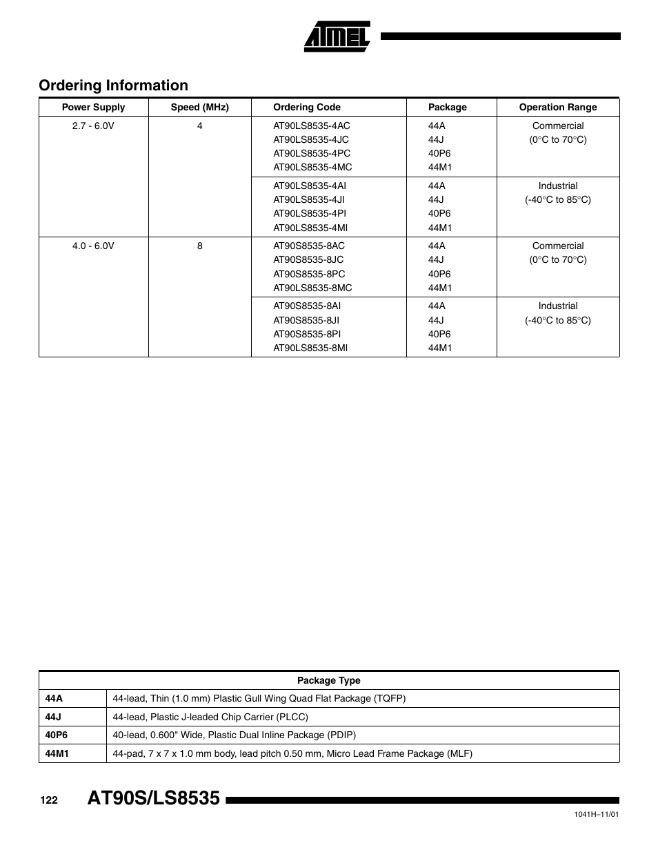 Ordering information | Rainbow Electronics AT90LS8535 User Manual | Page 122 / 127