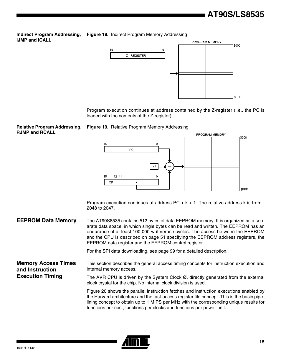 Indirect program addressing, ijmp and icall, Relative program addressing, rjmp and rcall, Eeprom data memory | Rainbow Electronics AT90LS8535 User Manual | Page 15 / 127
