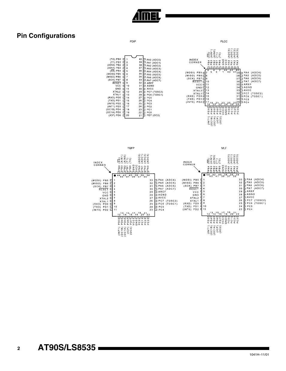 Pin configurations | Rainbow Electronics AT90LS8535 User Manual | Page 2 / 127