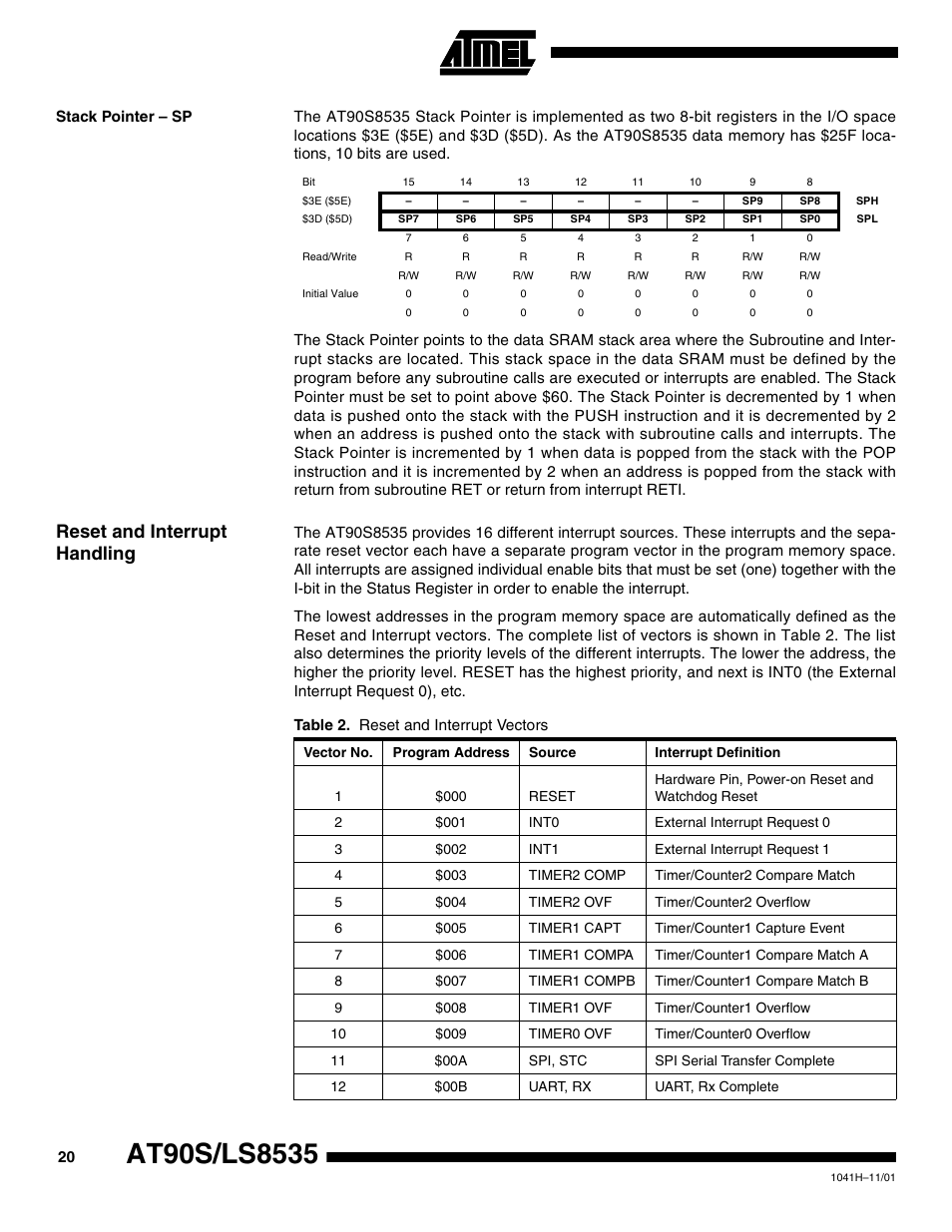 Stack pointer – sp, Reset and interrupt handling | Rainbow Electronics AT90LS8535 User Manual | Page 20 / 127