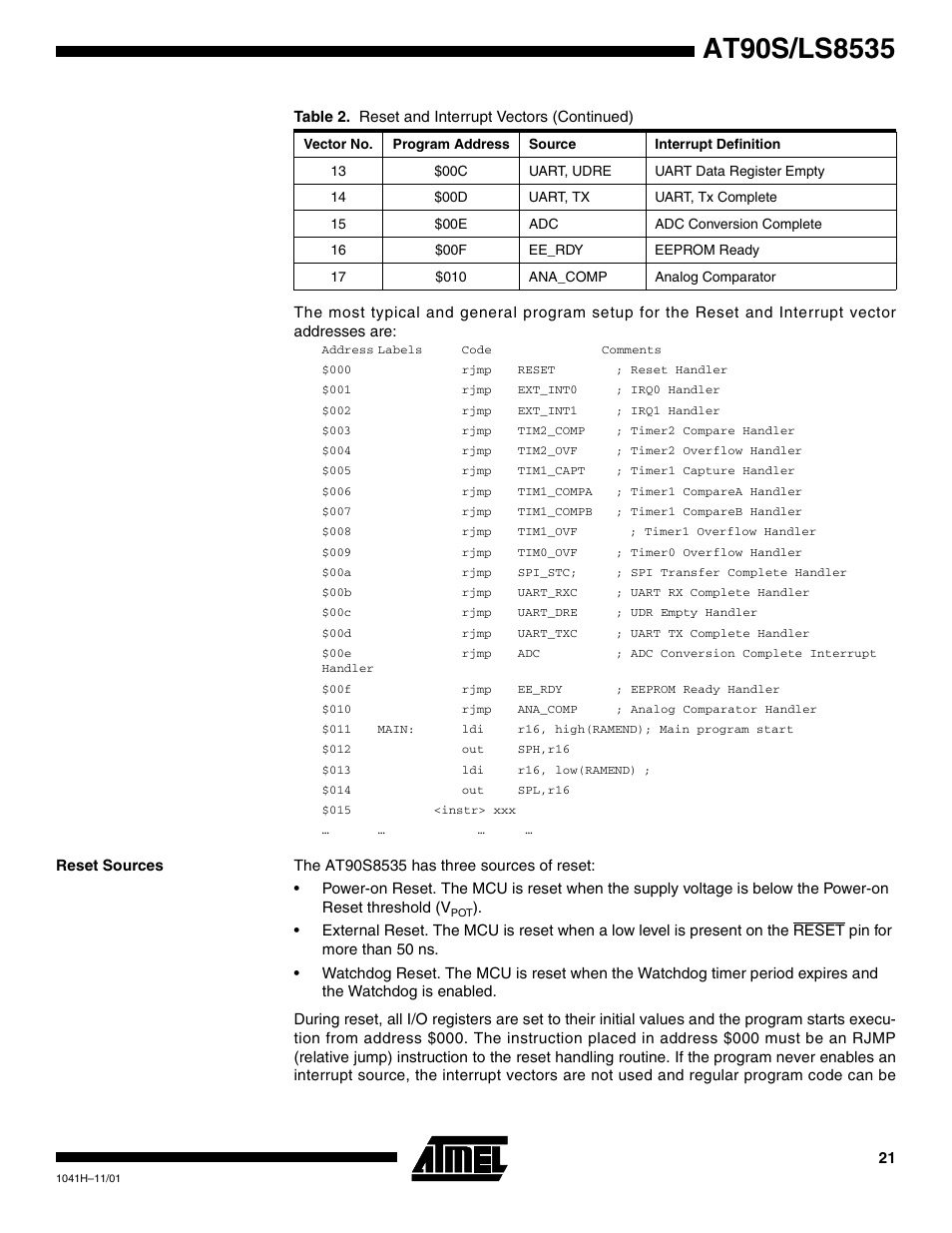 Reset sources | Rainbow Electronics AT90LS8535 User Manual | Page 21 / 127