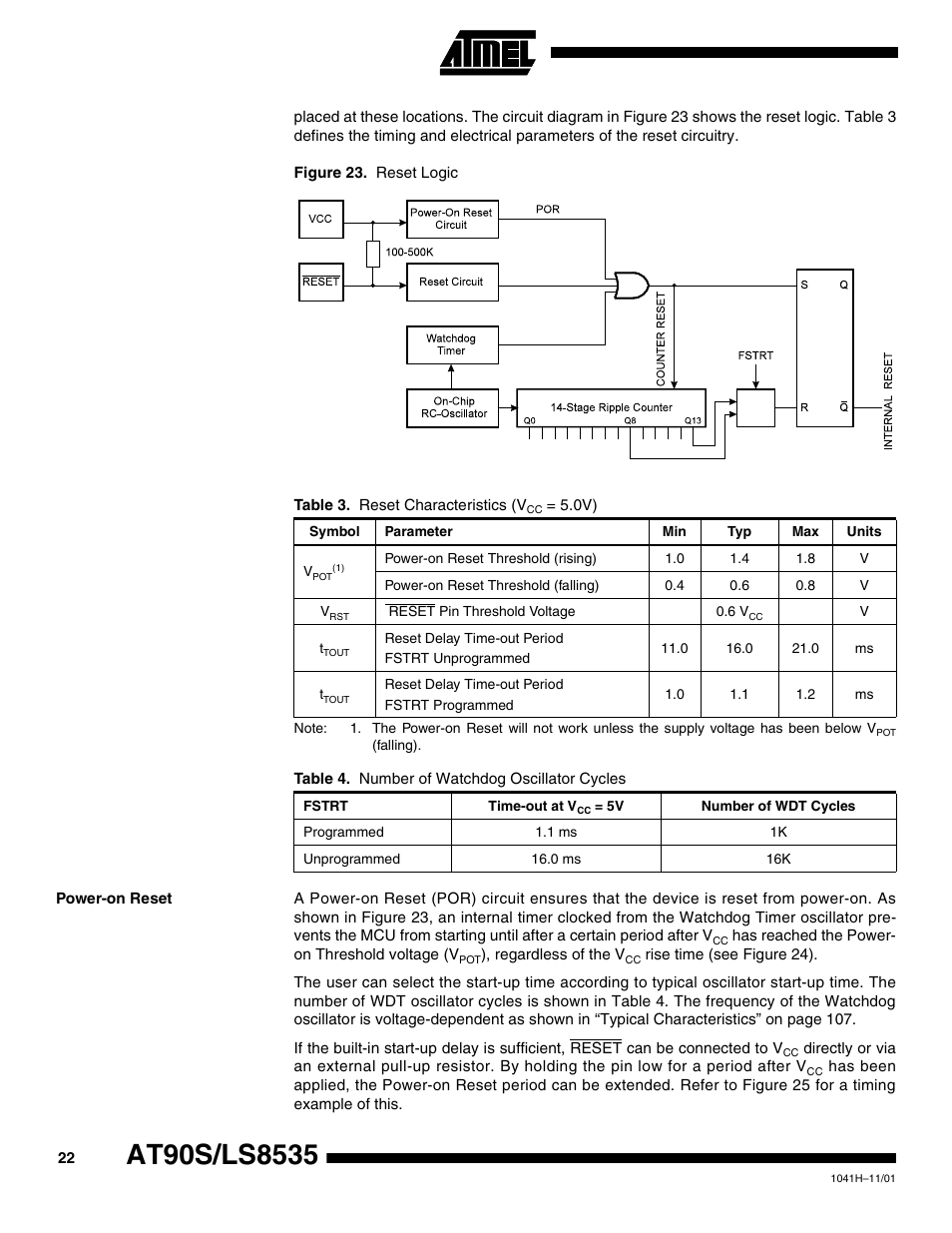 Power-on reset | Rainbow Electronics AT90LS8535 User Manual | Page 22 / 127
