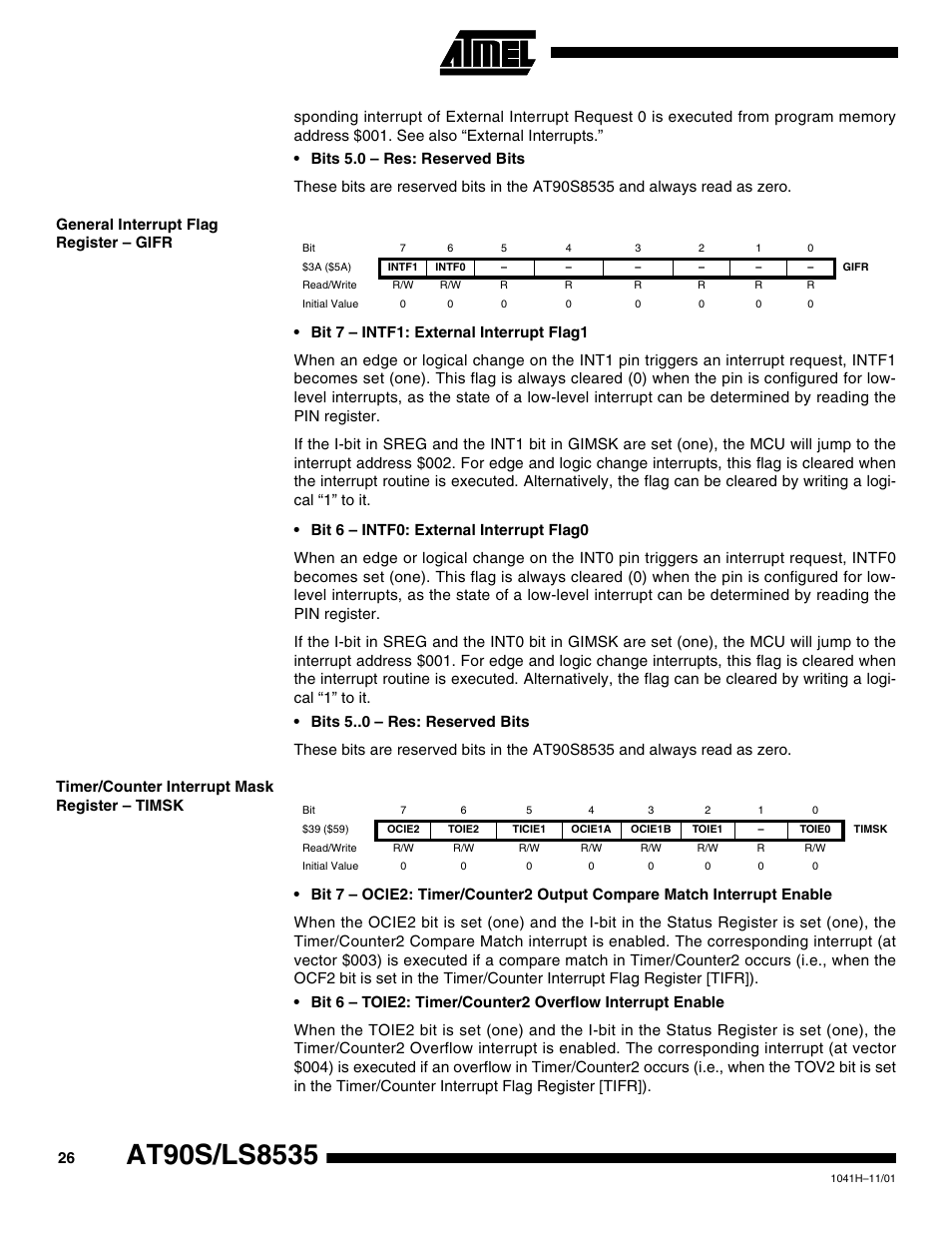 General interrupt flag register – gifr, Timer/counter interrupt mask register – timsk | Rainbow Electronics AT90LS8535 User Manual | Page 26 / 127