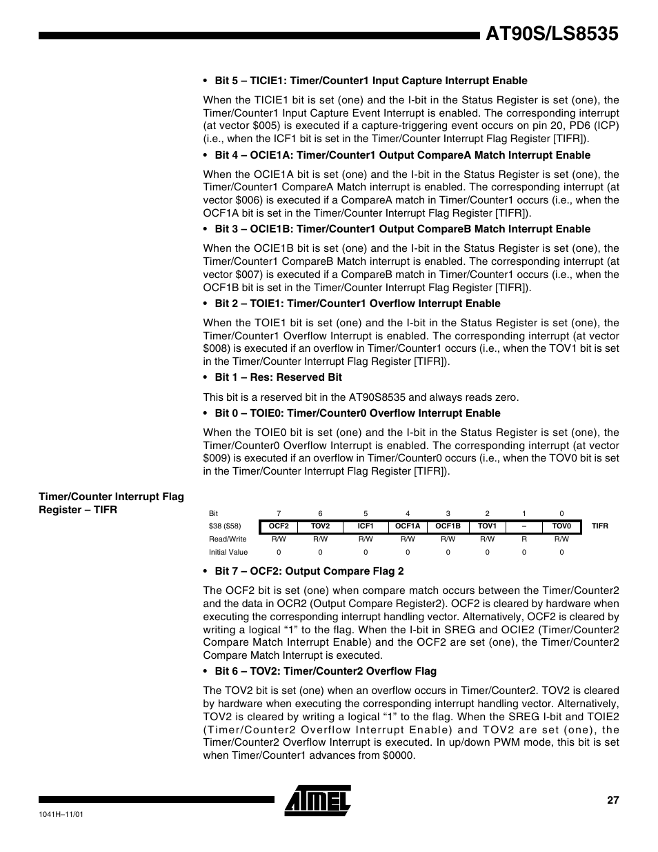 Timer/counter interrupt flag register – tifr | Rainbow Electronics AT90LS8535 User Manual | Page 27 / 127