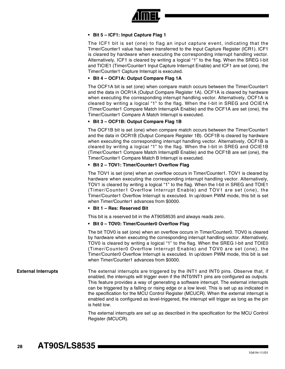 External interrupts | Rainbow Electronics AT90LS8535 User Manual | Page 28 / 127