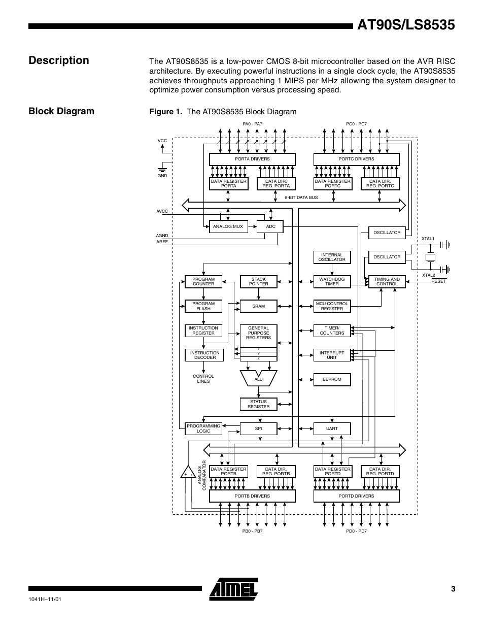 Description, Block diagram | Rainbow Electronics AT90LS8535 User Manual | Page 3 / 127