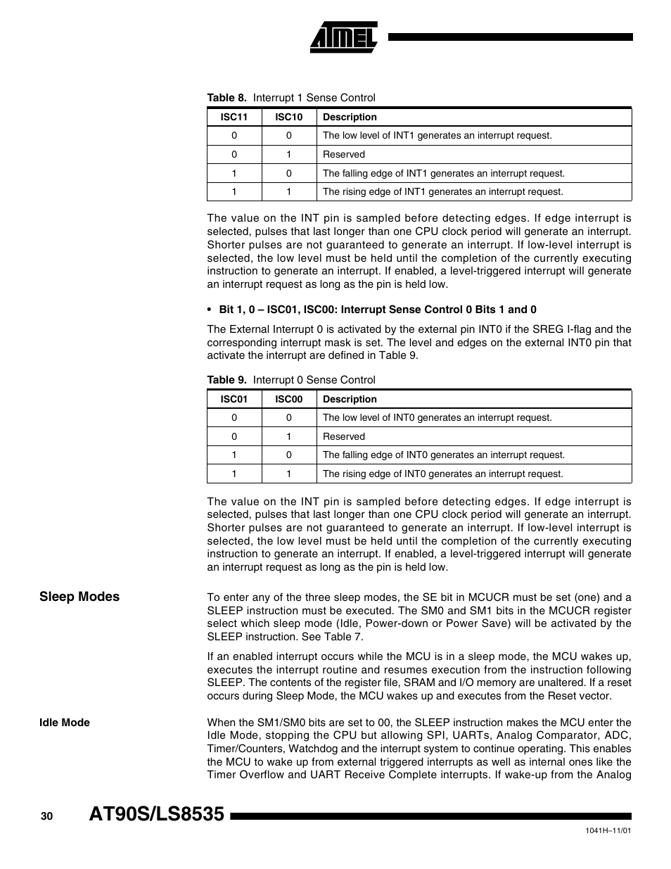 Sleep modes, Idle mode | Rainbow Electronics AT90LS8535 User Manual | Page 30 / 127