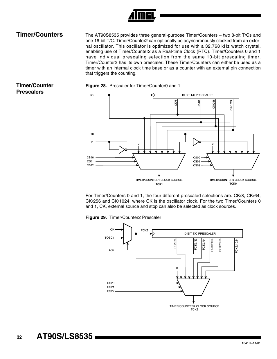 Timer/counters, Timer/counter prescalers | Rainbow Electronics AT90LS8535 User Manual | Page 32 / 127