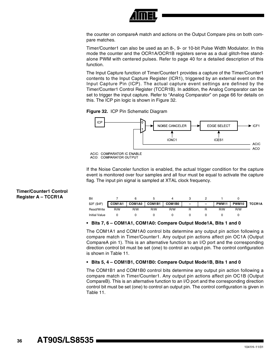 Timer/counter1 control register a – tccr1a | Rainbow Electronics AT90LS8535 User Manual | Page 36 / 127