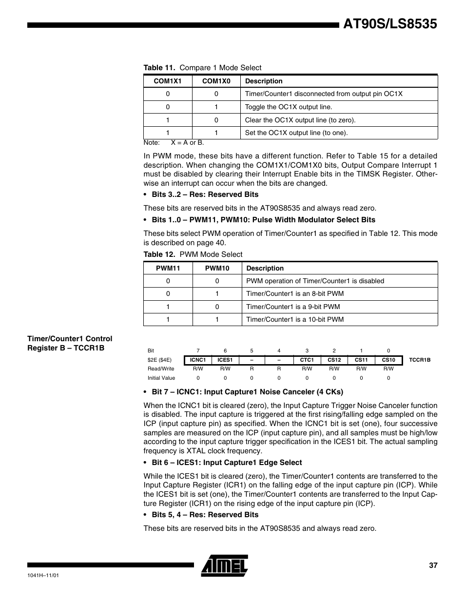 Timer/counter1 control register b – tccr1b, Table 11 | Rainbow Electronics AT90LS8535 User Manual | Page 37 / 127