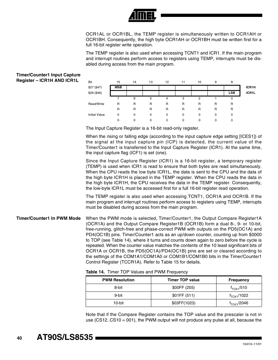 Timer/counter1 in pwm mode, Table 14. timer top values and pwm frequency | Rainbow Electronics AT90LS8535 User Manual | Page 40 / 127