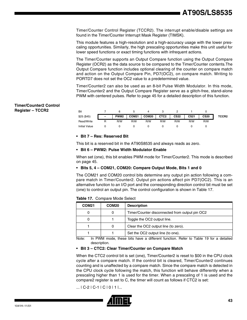 Timer/counter2 control register – tccr2 | Rainbow Electronics AT90LS8535 User Manual | Page 43 / 127