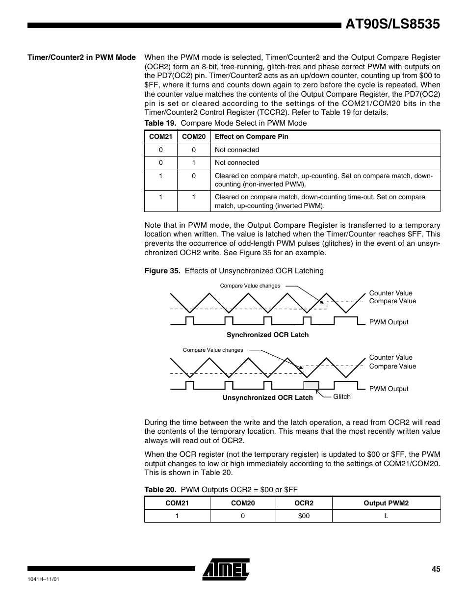 Timer/counter2 in pwm mode, To table 19 f | Rainbow Electronics AT90LS8535 User Manual | Page 45 / 127