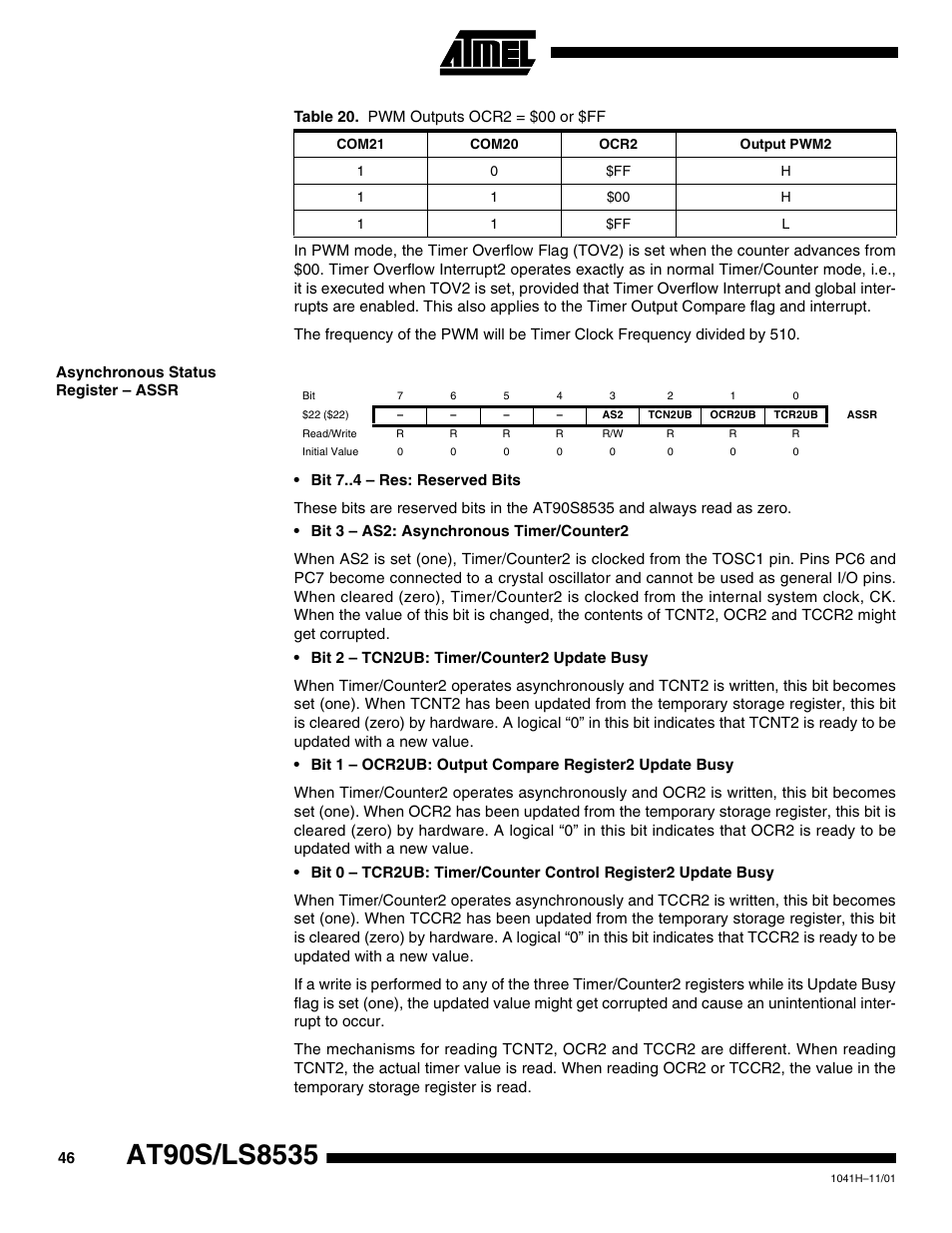 Asynchronous status register – assr | Rainbow Electronics AT90LS8535 User Manual | Page 46 / 127