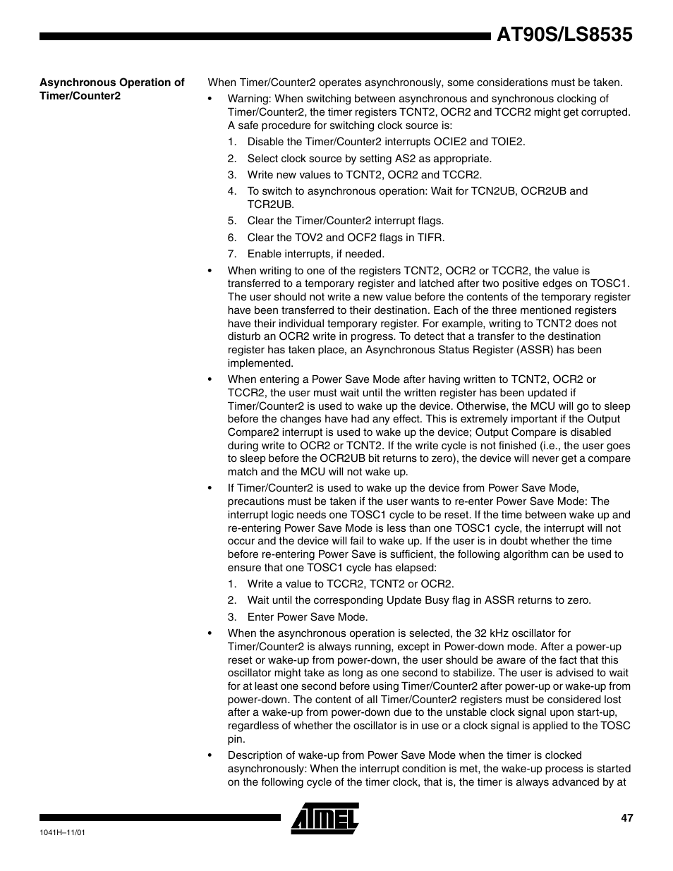 Asynchronous operation of timer/counter2 | Rainbow Electronics AT90LS8535 User Manual | Page 47 / 127