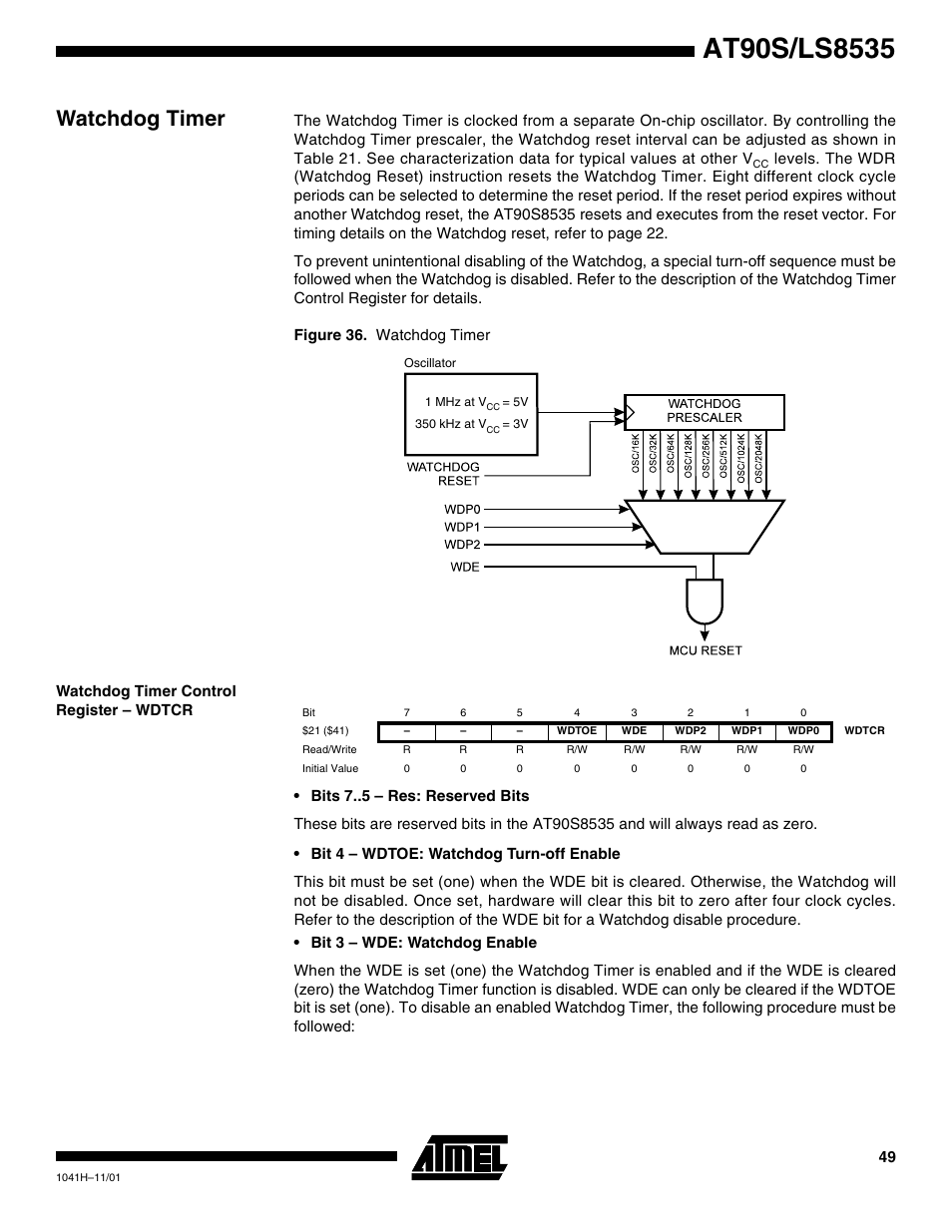 Watchdog timer, Watchdog timer control register – wdtcr | Rainbow Electronics AT90LS8535 User Manual | Page 49 / 127