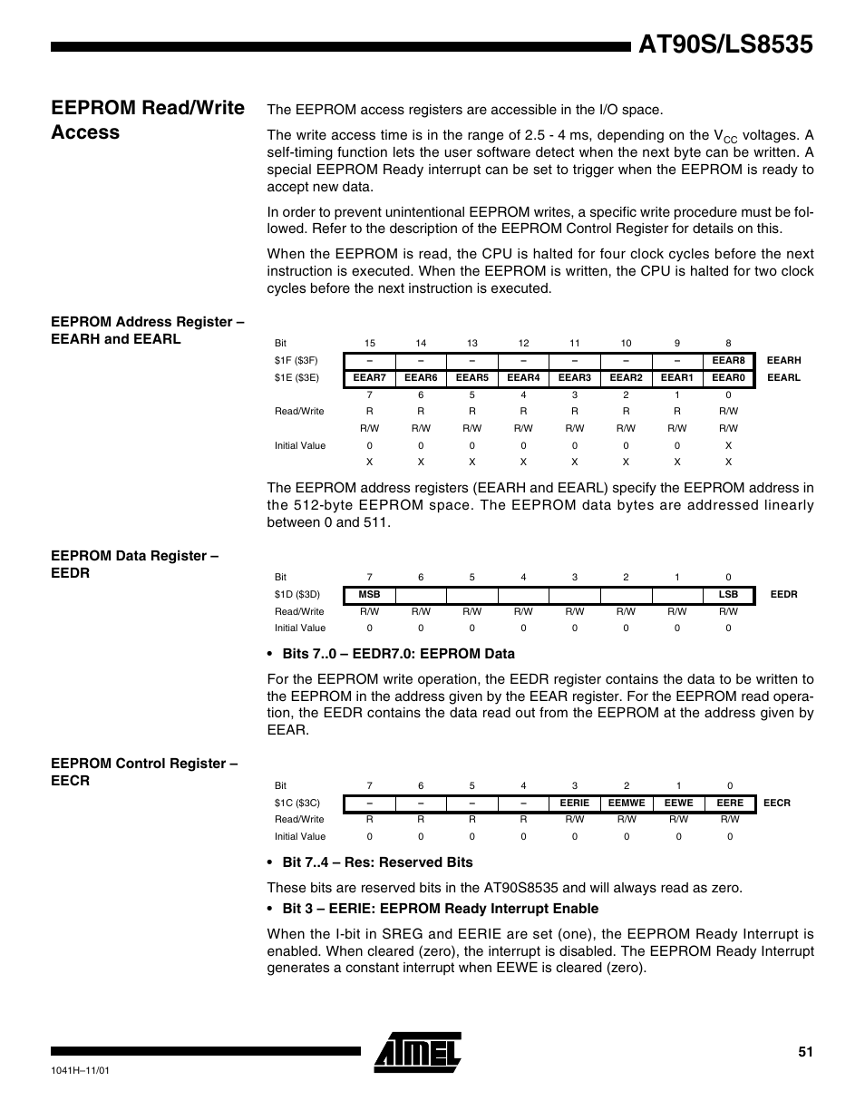 Eeprom read/write access, Eeprom address register – eearh and eearl, Eeprom data register – eedr | Eeprom control register – eecr | Rainbow Electronics AT90LS8535 User Manual | Page 51 / 127