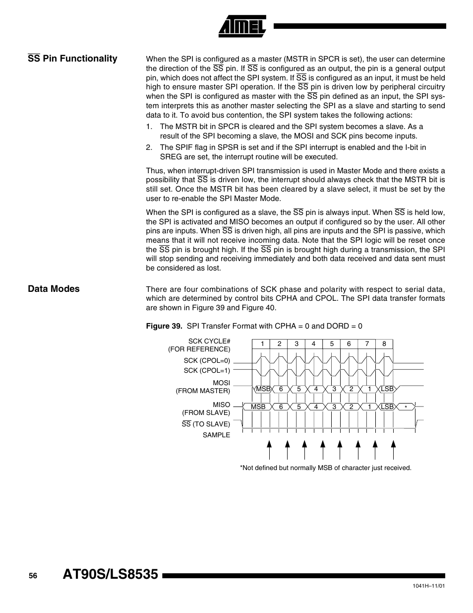 Ss pin functionality, Data modes | Rainbow Electronics AT90LS8535 User Manual | Page 56 / 127