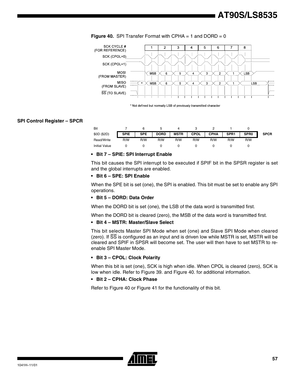 Spi control register – spcr | Rainbow Electronics AT90LS8535 User Manual | Page 57 / 127