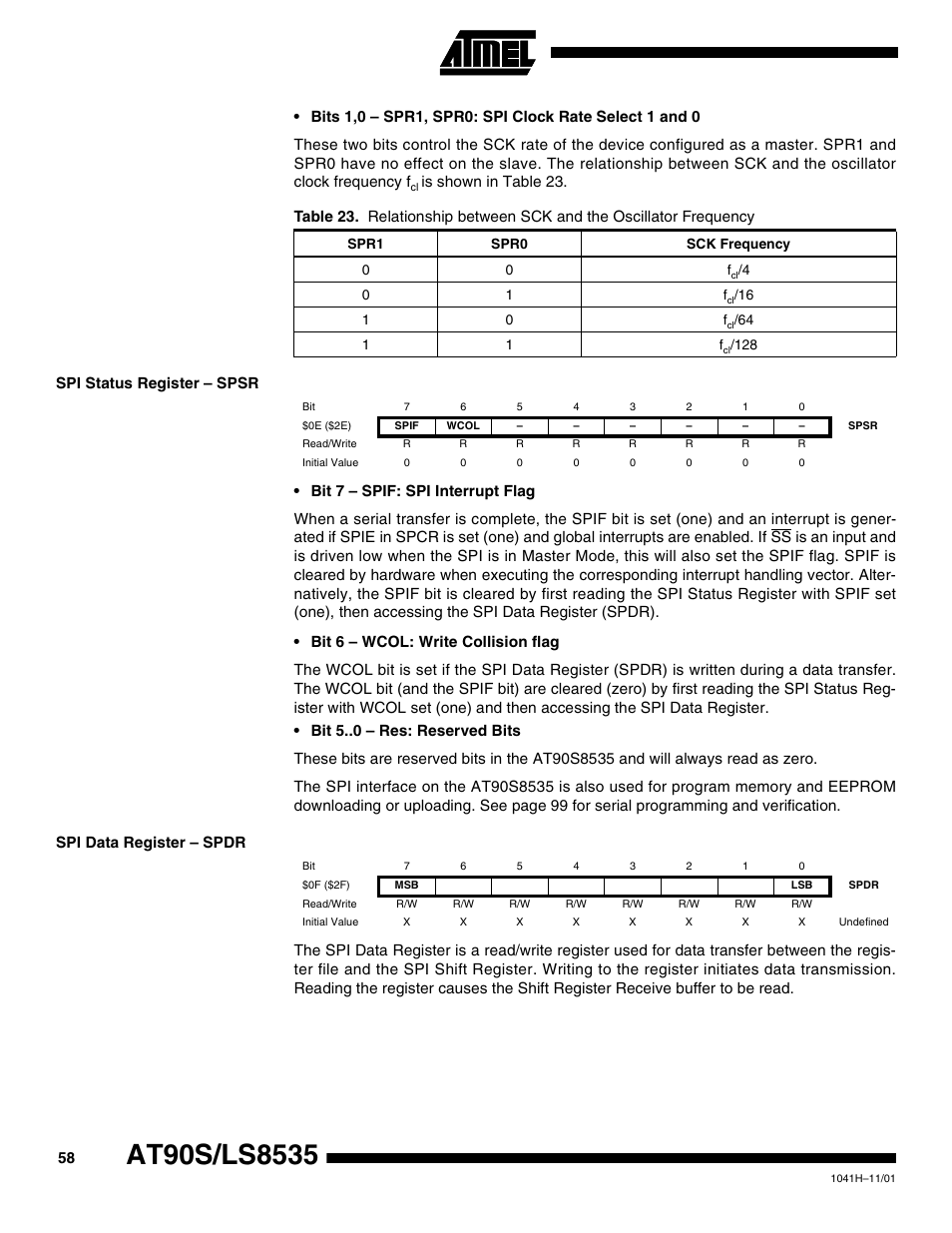 Spi status register – spsr, Spi data register – spdr | Rainbow Electronics AT90LS8535 User Manual | Page 58 / 127