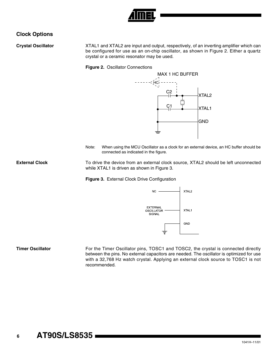 Clock options, Crystal oscillator, External clock | Timer oscillator | Rainbow Electronics AT90LS8535 User Manual | Page 6 / 127
