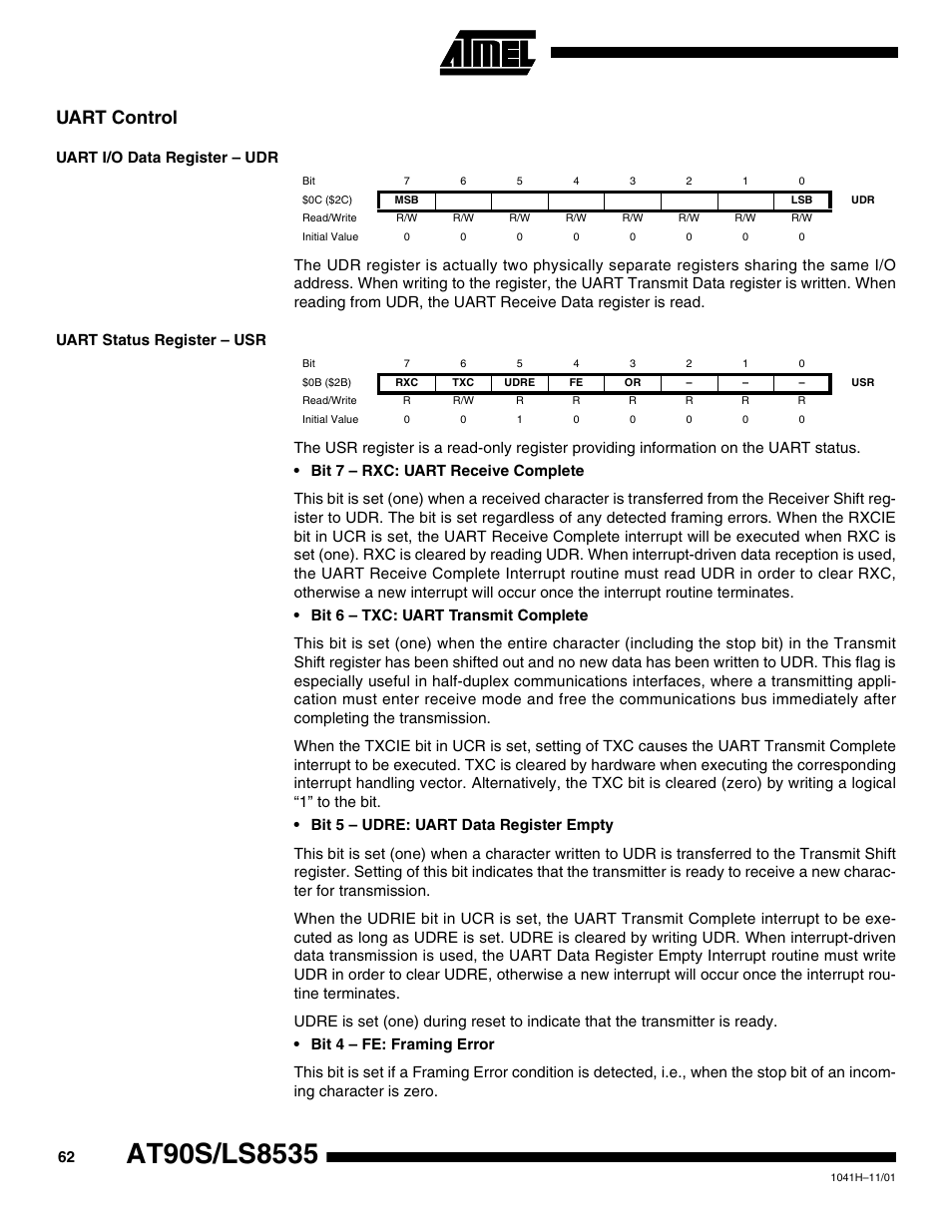 Uart control, Uart i/o data register – udr, Uart status register – usr | Rainbow Electronics AT90LS8535 User Manual | Page 62 / 127