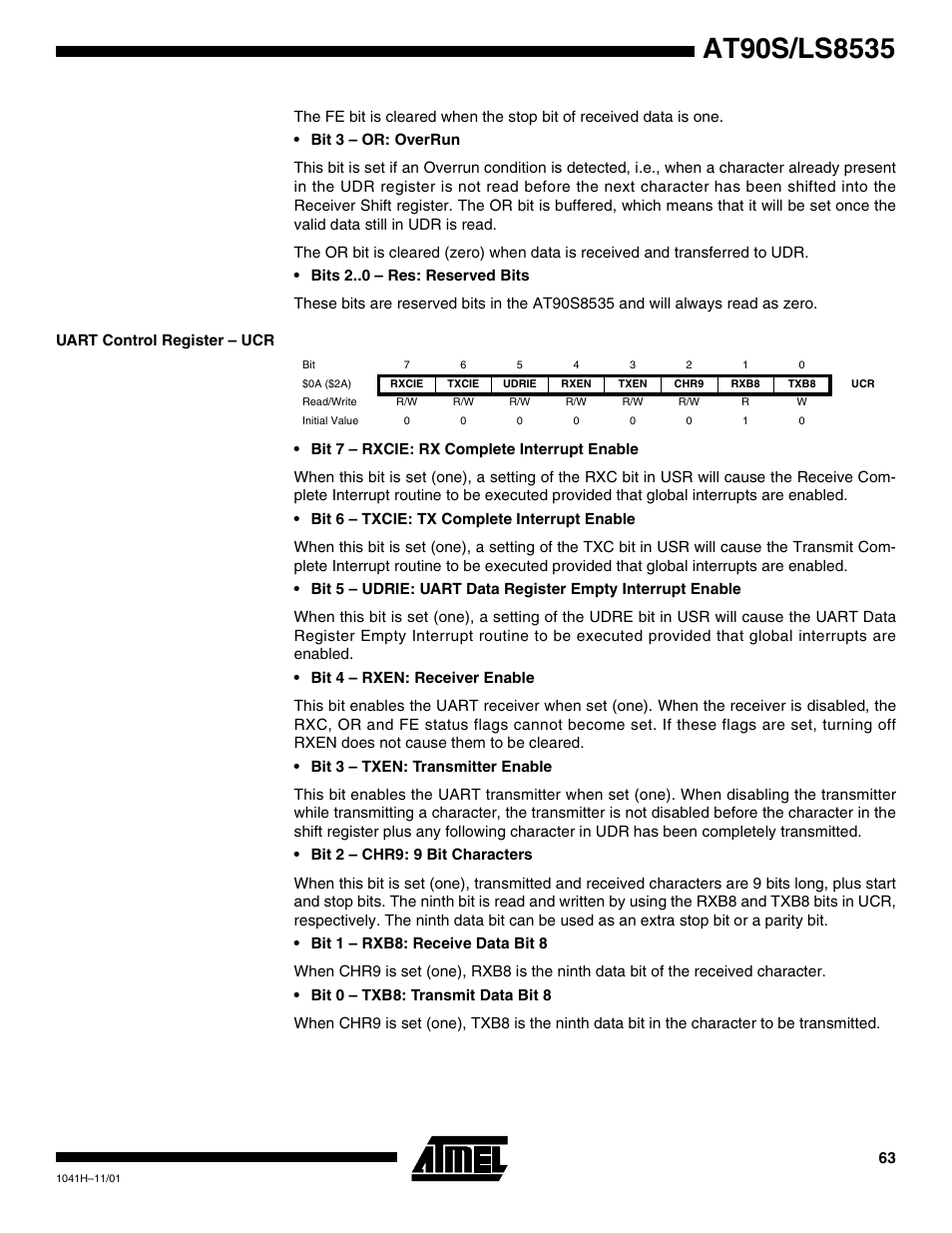 Uart control register – ucr | Rainbow Electronics AT90LS8535 User Manual | Page 63 / 127
