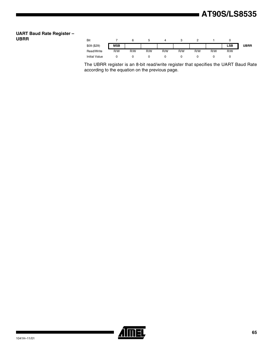 Uart baud rate register – ubrr | Rainbow Electronics AT90LS8535 User Manual | Page 65 / 127