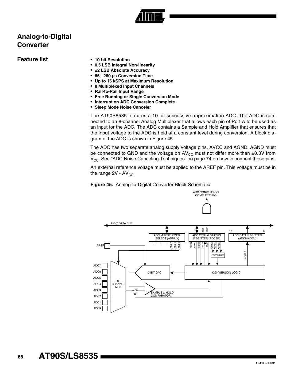 Analog-to-digital converter, Feature list, Must not differ more than ±0.3v from v | Rainbow Electronics AT90LS8535 User Manual | Page 68 / 127