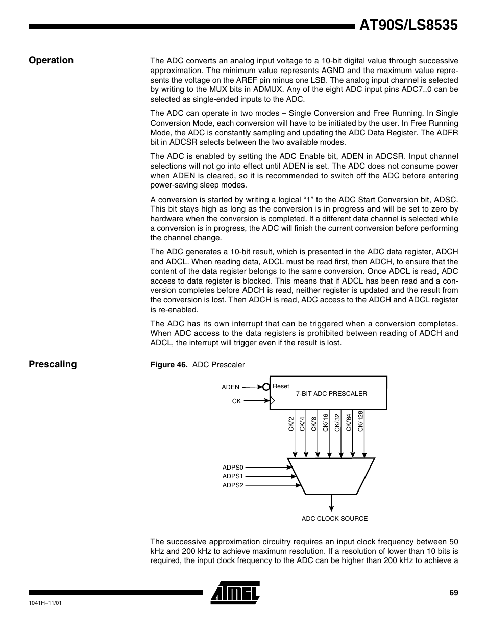 Operation, Prescaling | Rainbow Electronics AT90LS8535 User Manual | Page 69 / 127