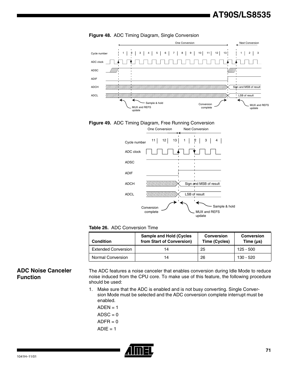 Adc noise canceler function | Rainbow Electronics AT90LS8535 User Manual | Page 71 / 127